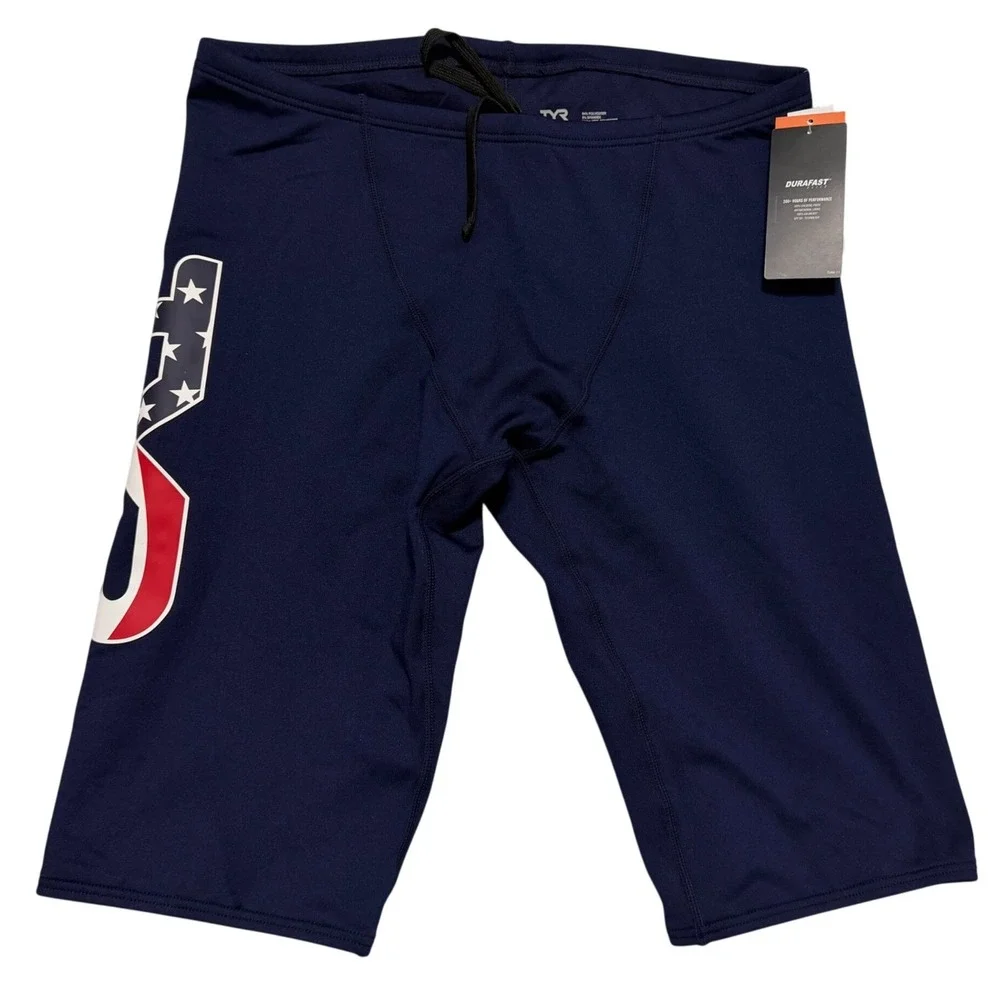 TYR Large Logo Jammer USA Men 34 Navy Blue Swim Trunks Durafast Elite Training